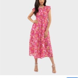 AUGUST SKY Chic Pink and White Midi Dress